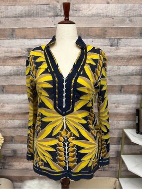 Tory Burch Yellow & Black Palm Lead Print Blouse 6